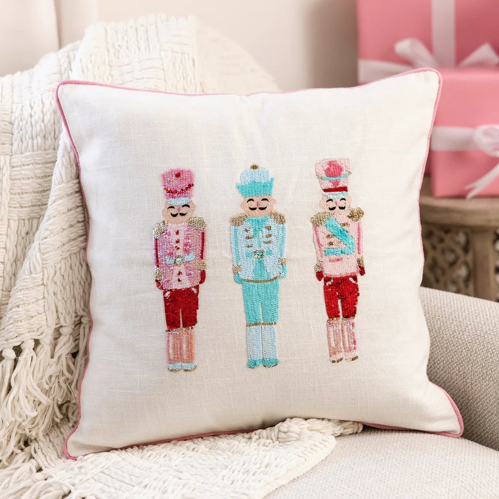 Mary Square Festive Nutcracker Embroidered Pillow
